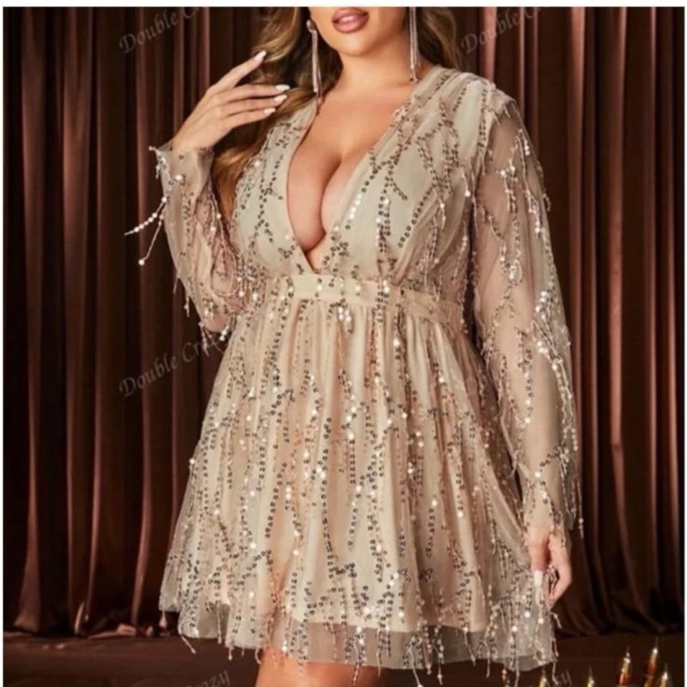 Gold Sequin Long Sleeve Mini Dress - 2X